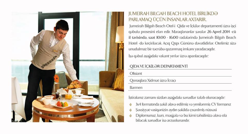 Jumeirah Bilgah Beach Otel işçi qəbulu elan edib